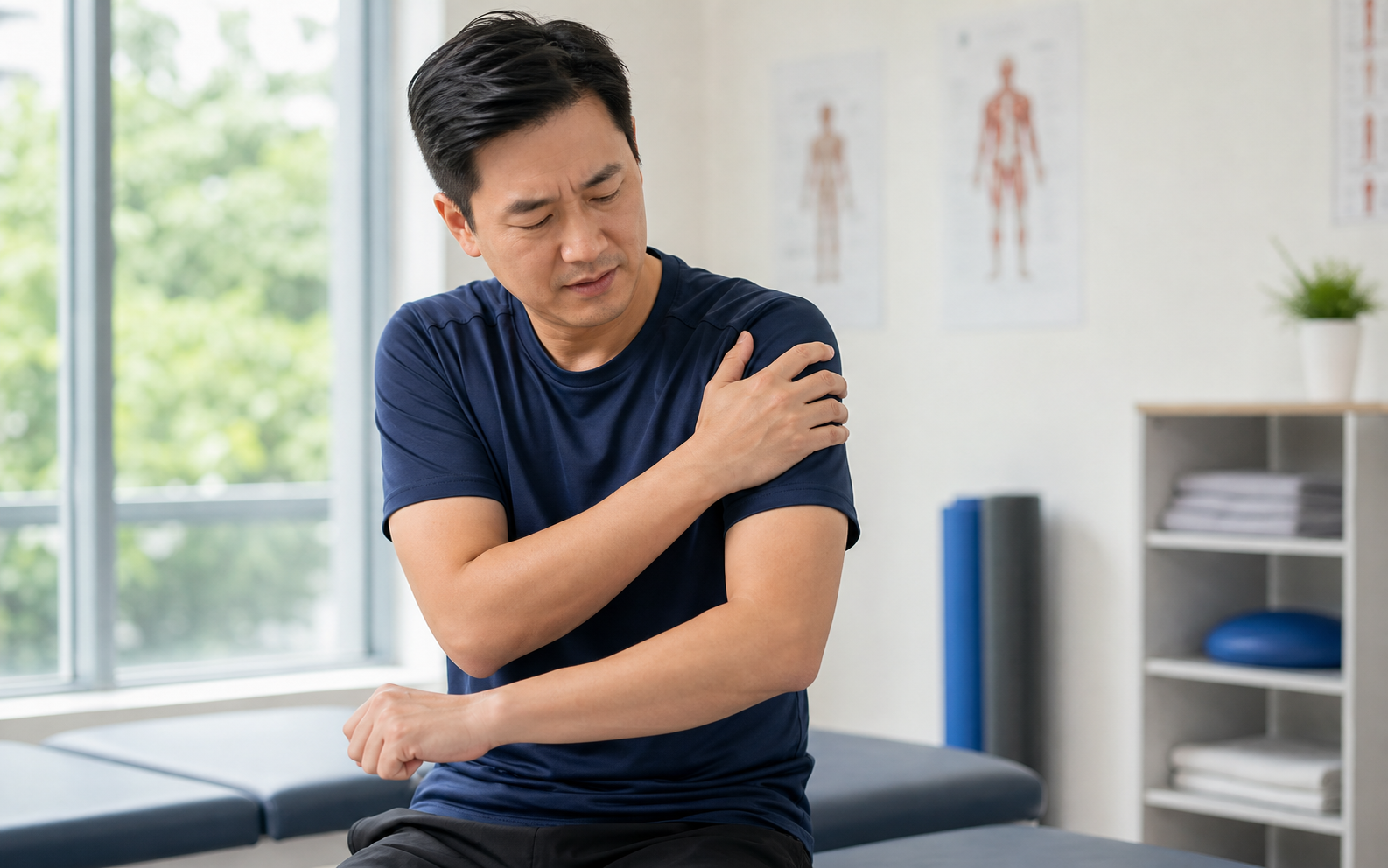 Asian patient holding his shoulder with restricted movement from frozen shoulder symptoms