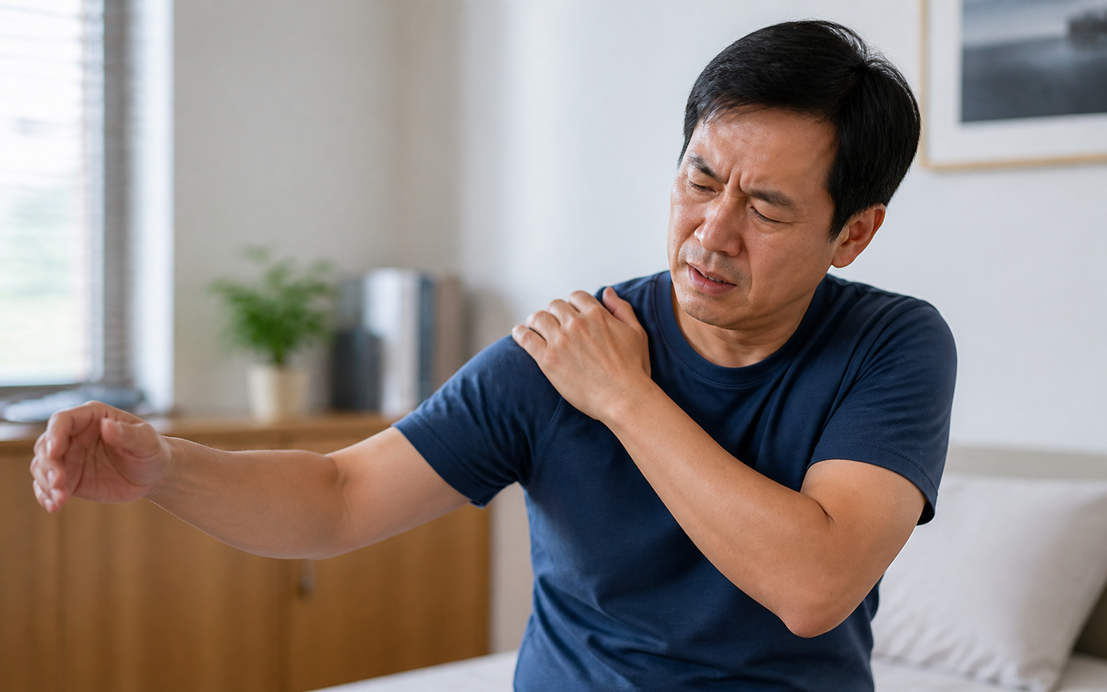 Asian patient holding his shoulder with weakness from rotator cuff tear symptoms