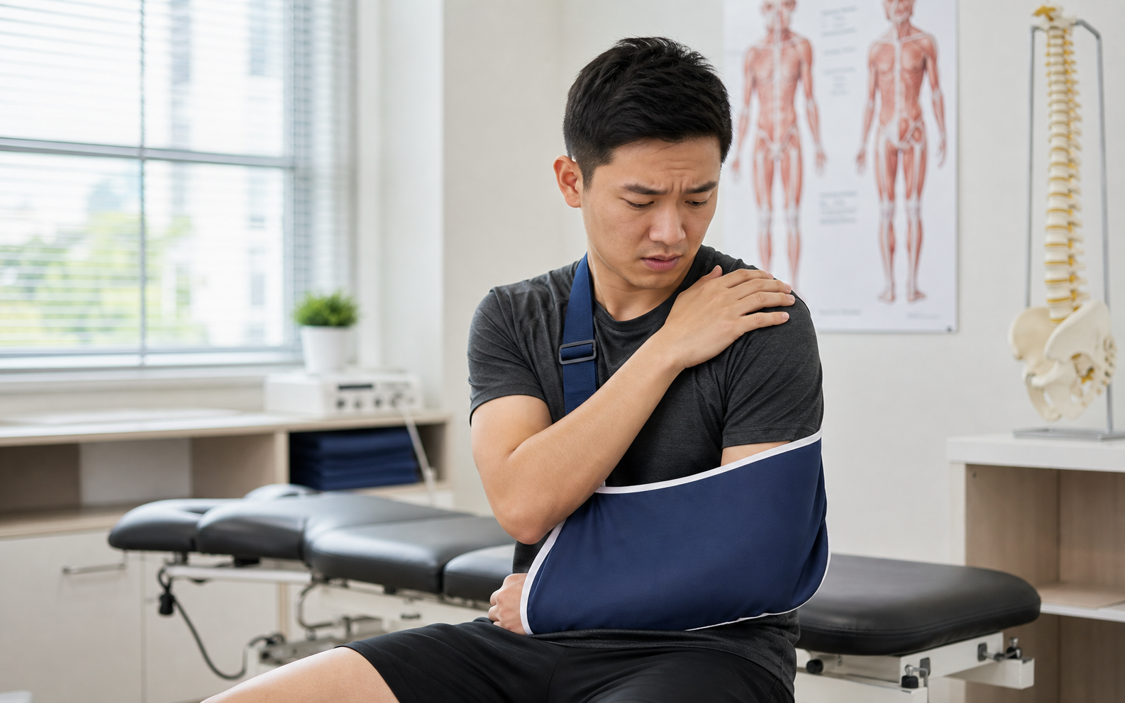 Asian patient wearing a sling after shoulder dislocation symptoms