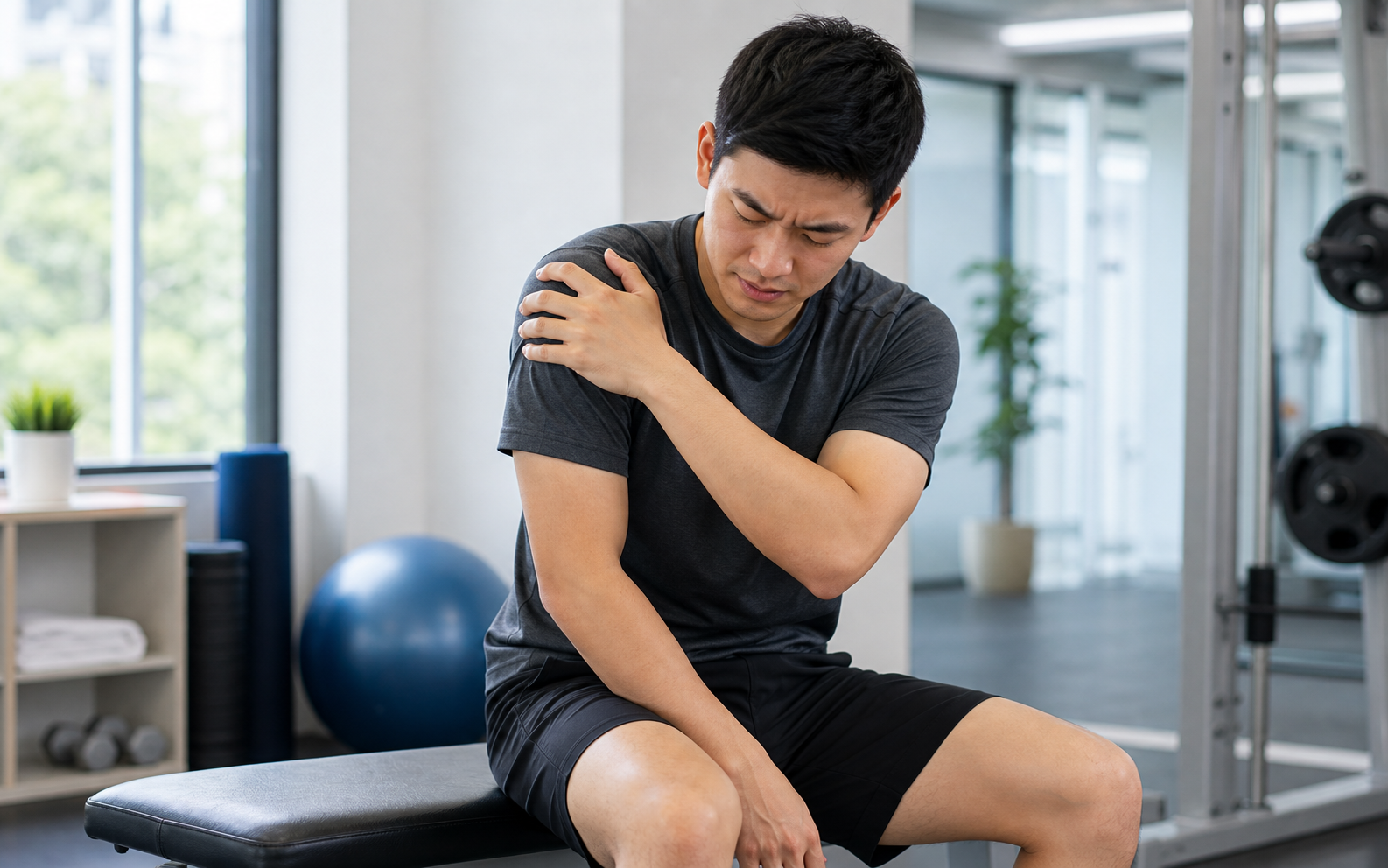 Asian athlete holding his shoulder after a sports-related shoulder injury
