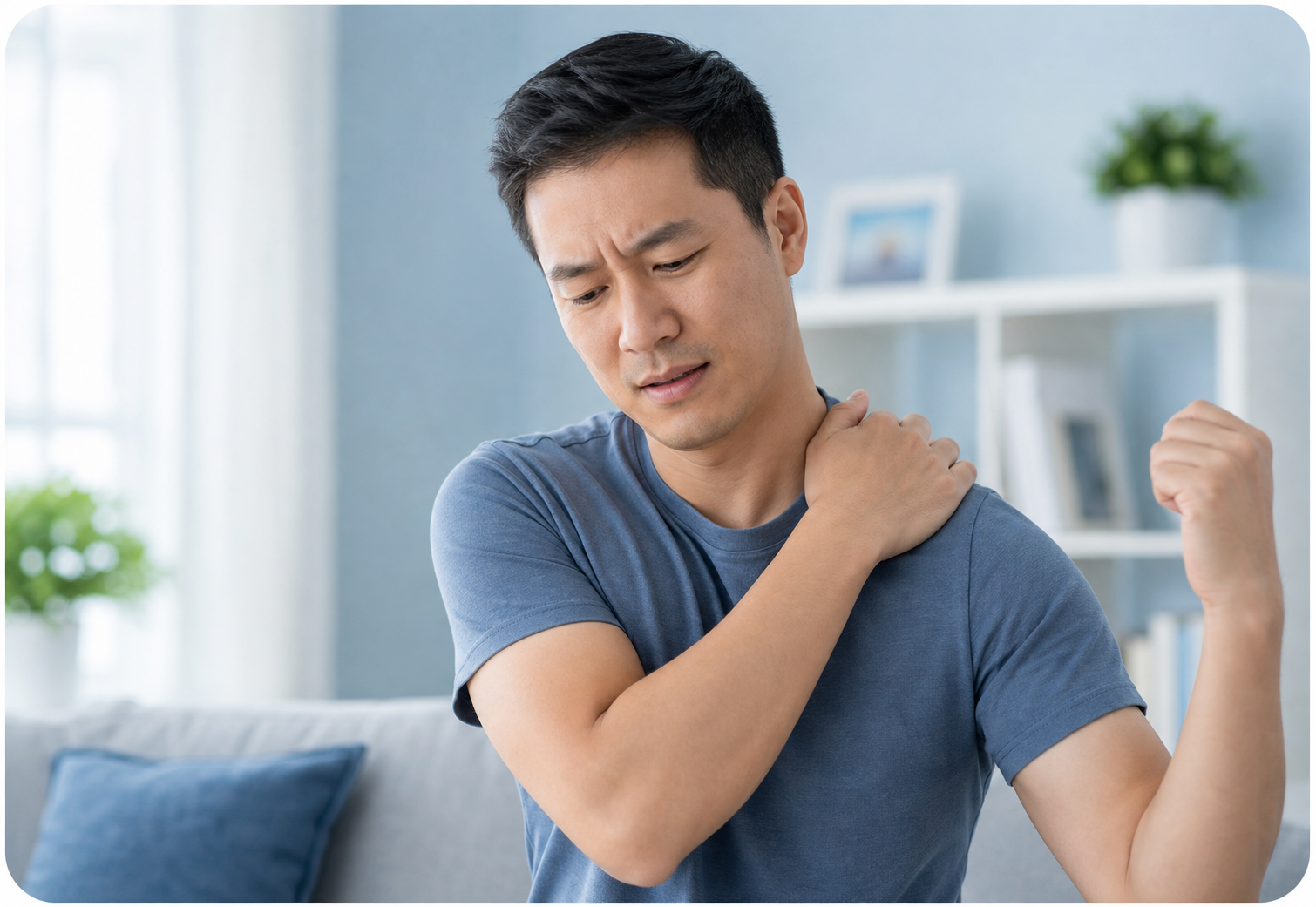 Adult holding one shoulder with visible discomfort